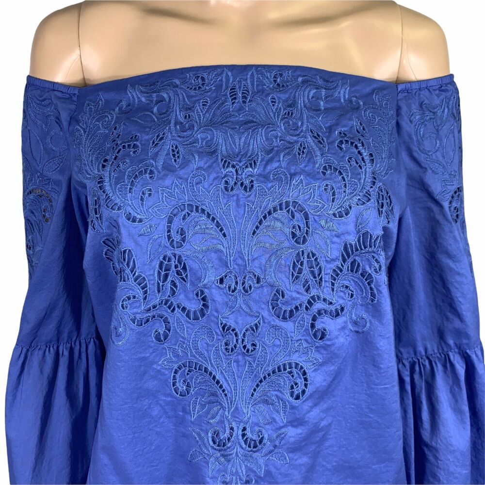 Chicos Womens Blouse Top Shirt Off Shoulder Bell Sleeve Blue Size 0 Small 4 - Picture 3 of 13